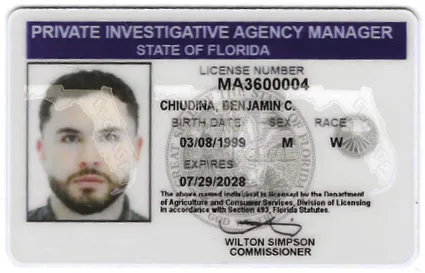Florida Private Investigative Agency Manager license card for Benjamin Chiudina, license MA3600004