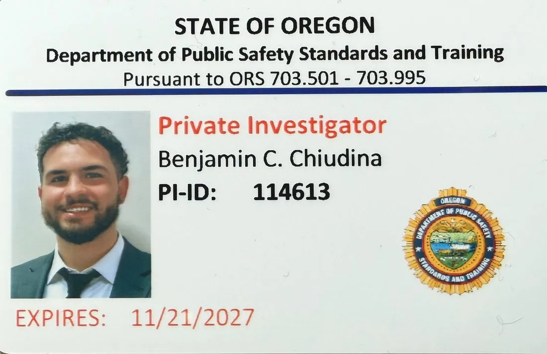 Oregon DPSST private investigator license card for Benjamin C. Chiudina