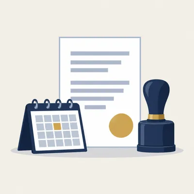 Document with a gold seal beside a calendar and notary stamp