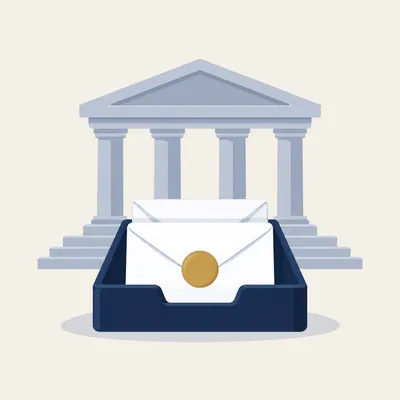 Institution building behind an in-tray of sealed envelopes