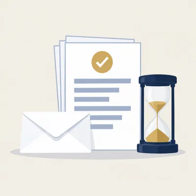 Claim pages with a check mark, an envelope and an hourglass